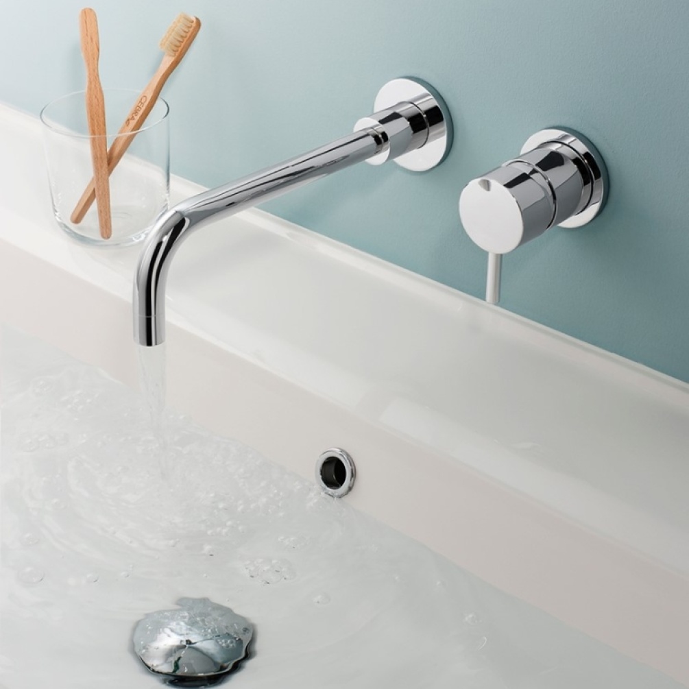 Product Lifestyle image of the Crosswater Kai Lever Basin 2 Hole Set mounted above a wide washbasin