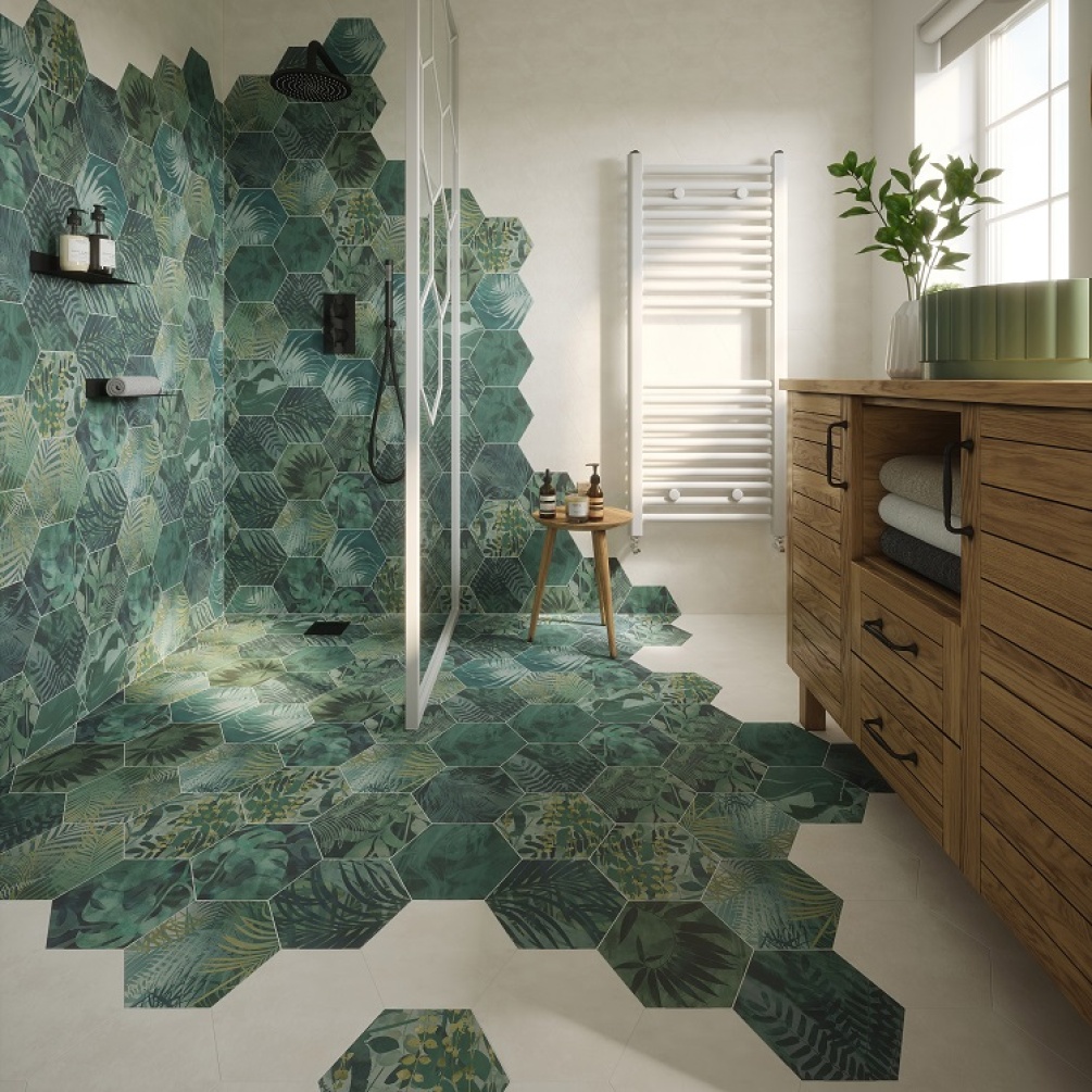 Product lifestyle image of Ca' Pietra Clarissa Hulse Jungle Hexagon Porcelain Matt Tile Collection - front angle of bathroom suite CHJUNGLE