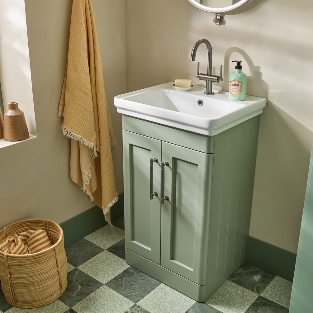 Tavistock Marston 600mm Matt Laurel Green Freestanding Vanity Unit & Basin - Lifestyle Image