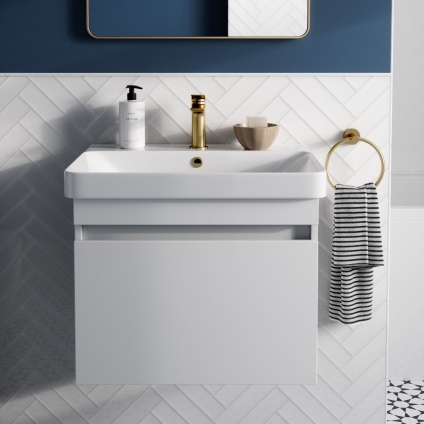 Full lifestyle shot of Britton Dalston 500mm wall-hung single drawer unit in matt white
