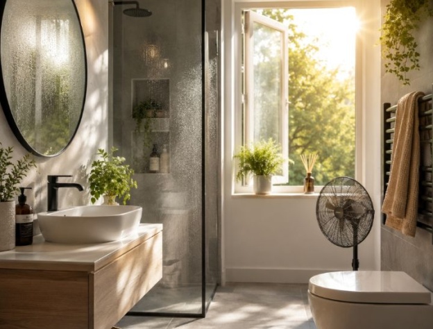 An image of a bathroom during a heatwave, with sunshine coming through the window