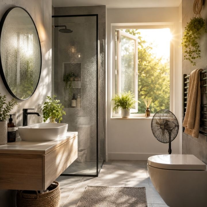 An image of a bathroom during a heatwave, with sunshine coming through the window