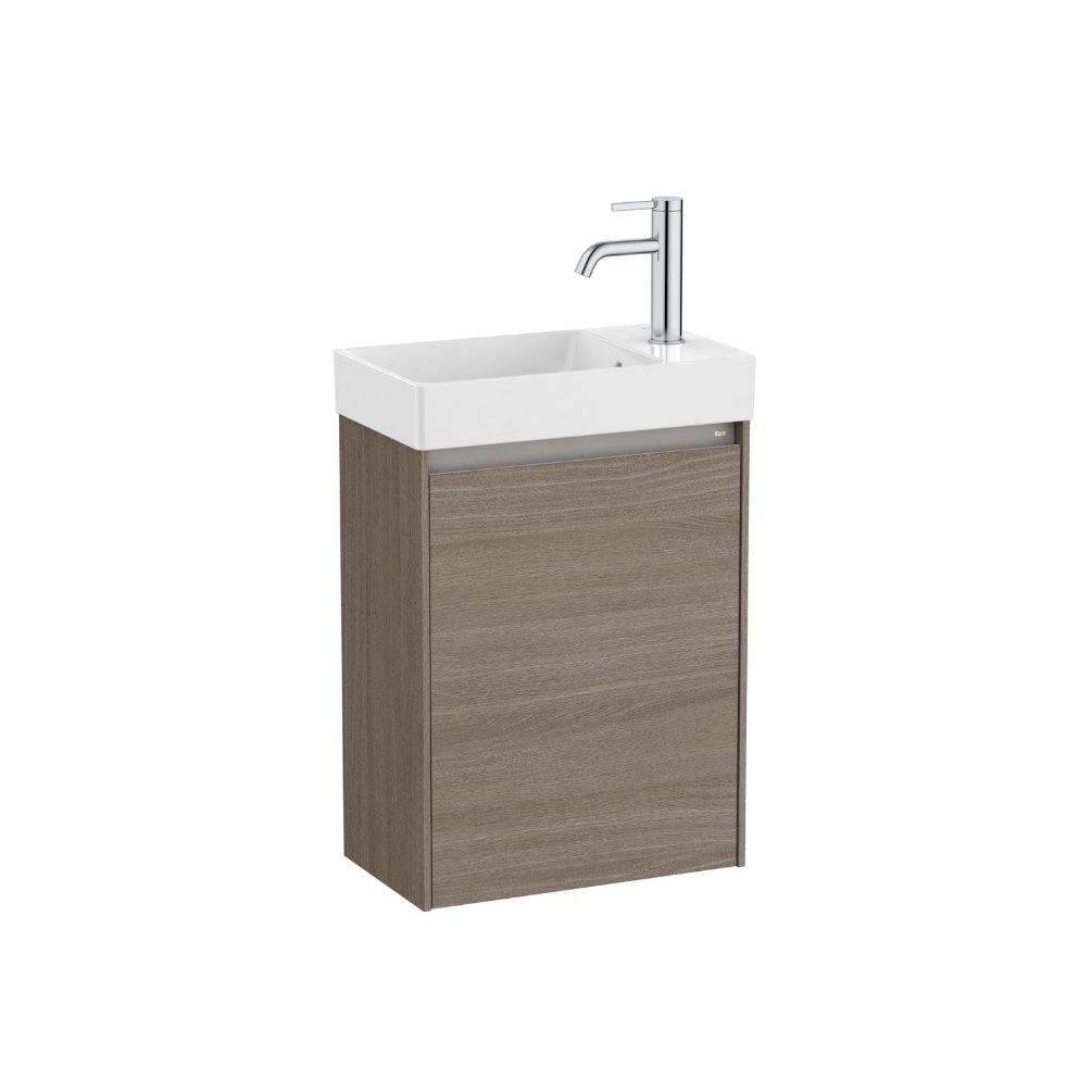 Cut out image of Roca Ona Compact 450mm x 260mm Dark Elm Wall Hung Cloakroom Vanity Unit & Right Hand Basin
