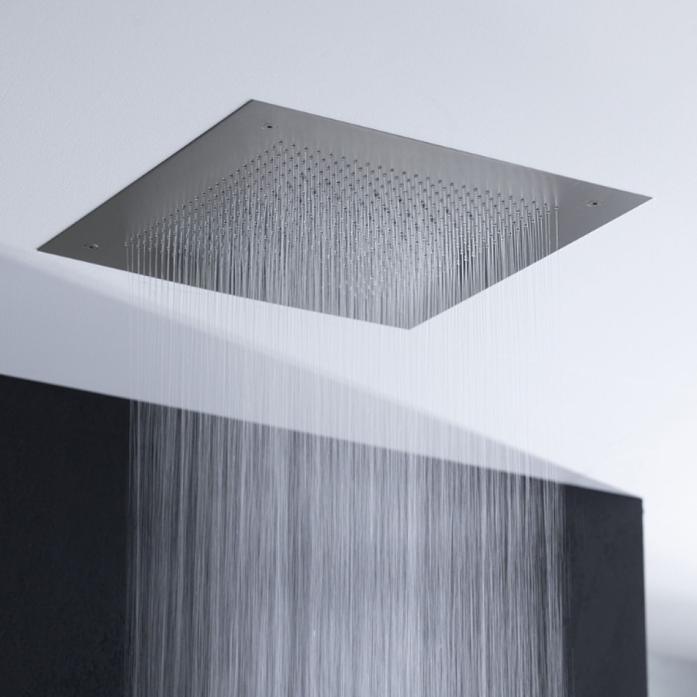 Product Lifestyle image of the Crosswater Tranquil 380 Brushed Stainless Steel Recessed Shower Head from a low angle