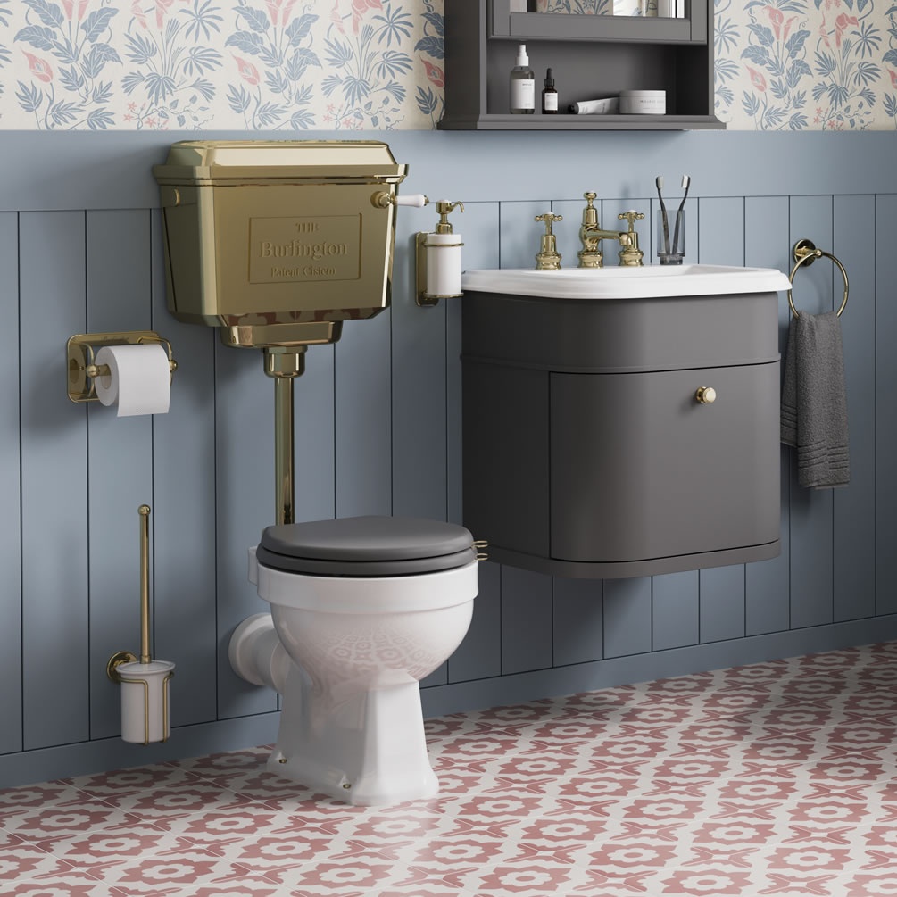 Burlington Low Level Toilet With Gold Aluminium Cistern - Lifestyle Image