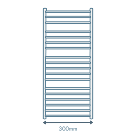 iconography image of a towel radiator with an arrow underneath & text saying 300mm showing 300mm wide bathroom radiators and towel rails