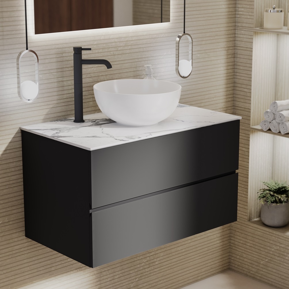 Product lifestyle image of Zero Matt Black 800mm Double Drawer Wall Hung Vanity Unit and Statuario Worktop 1042-BL1167C-L049K
