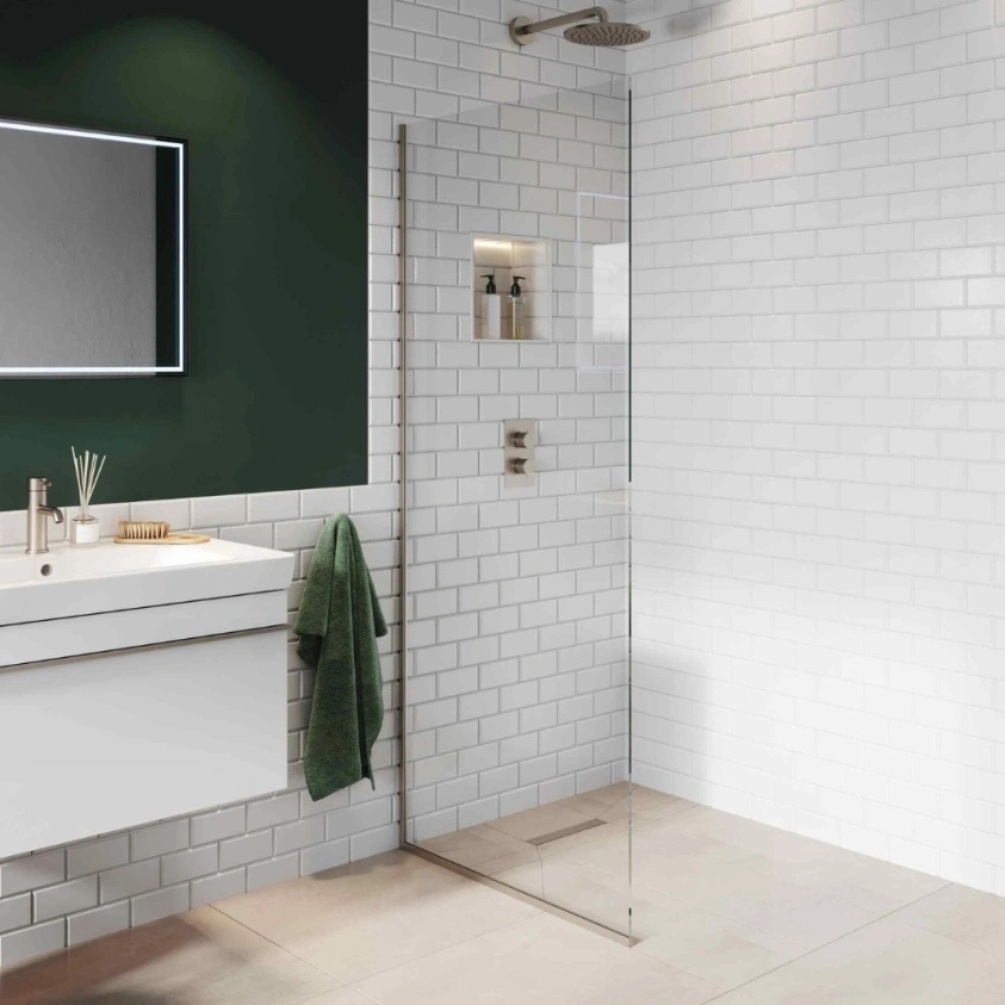Product Lifestyle image of the Abacus Brushed Nickel 835mm Fixed 10mm Wet Room Screen