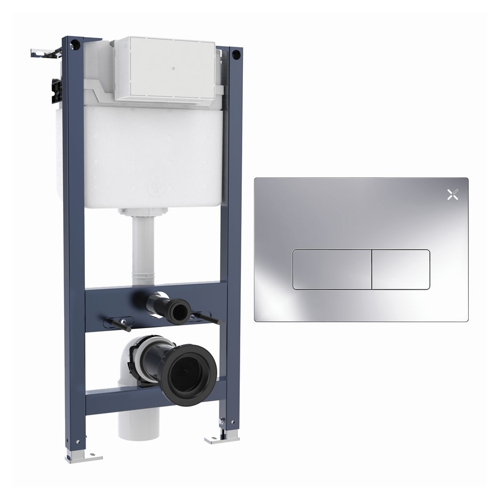 Cutout image of Crosswater 980mm Wall-Hung Cistern Frame & MPRO Chrome Dual Flush Plate