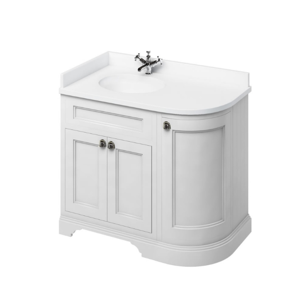 Product Cut out image of the Burlington Minerva 980mm Left Handed Curved Worktop & Matt White Freestanding Vanity Unit with white worktop