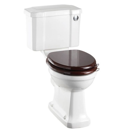 Product Cut out image of the Burlington Slimline Close Coupled Toilet with Push Button and a Gloss Mahogany Toilet Seat