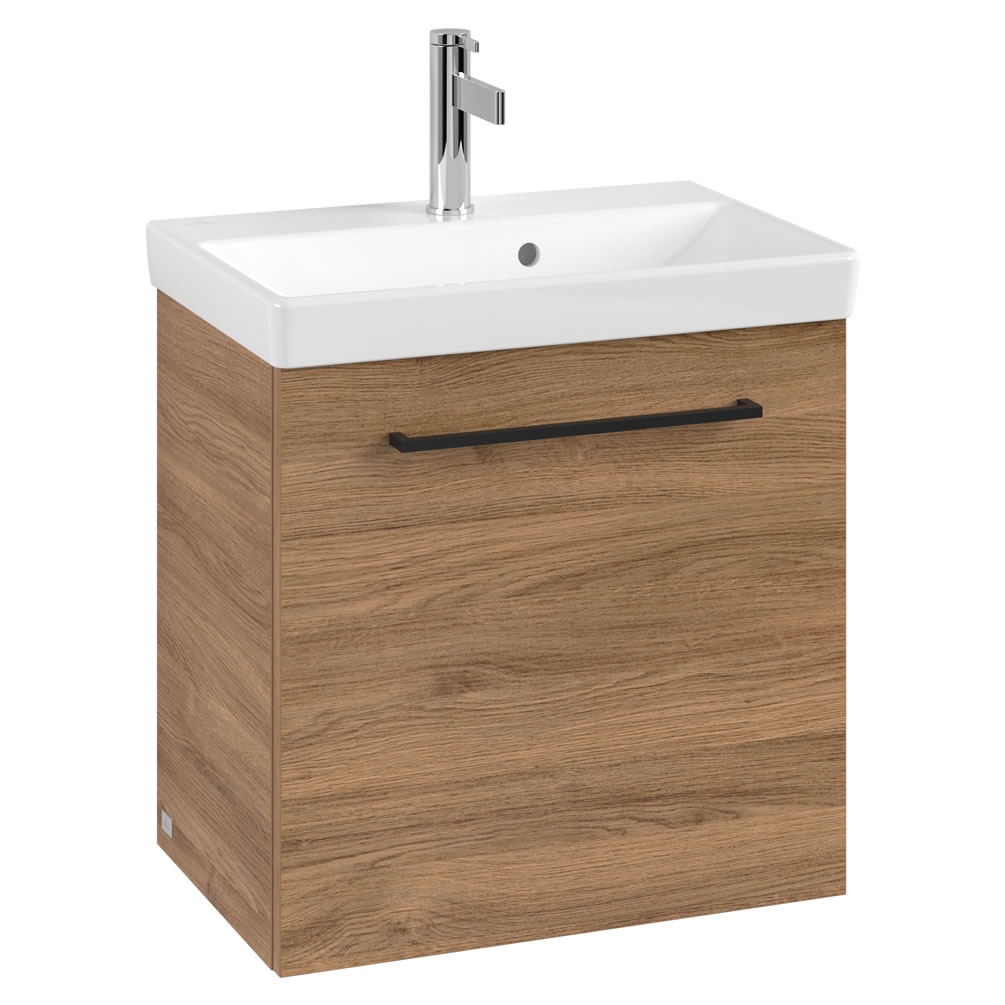 Cutout image of Villeroy & Boch Avento Kansas Oak 550mm Wall-Hung Basin Vanity Unit black handle