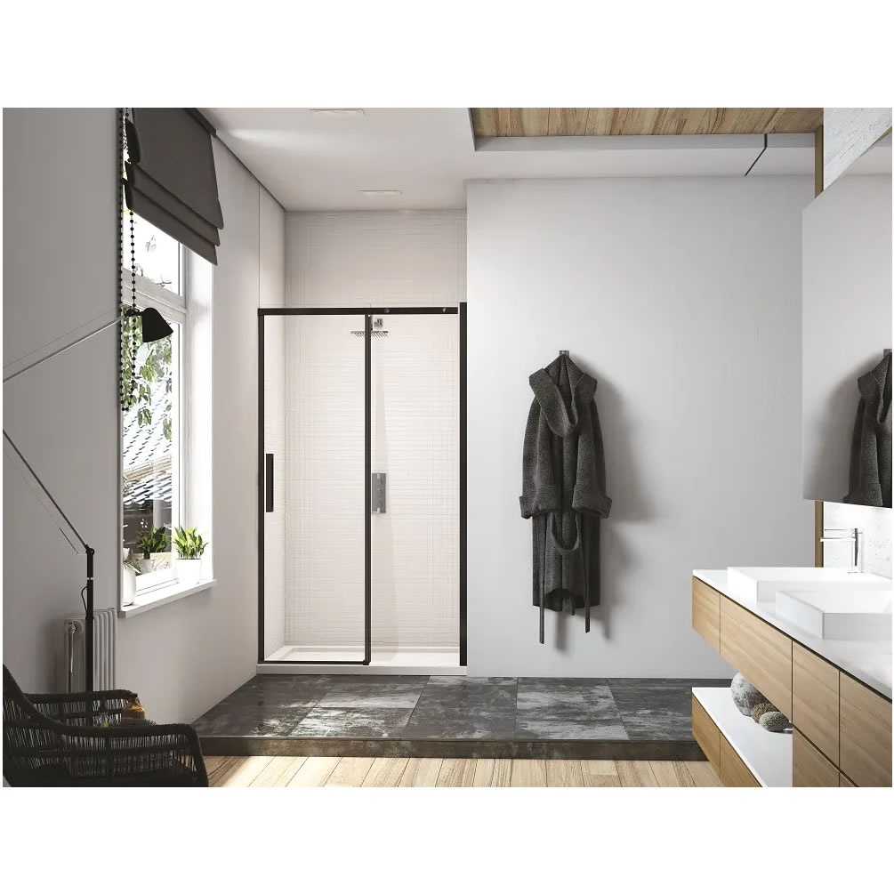 Lifestyle image of Merlyn Ionic Essence Frameless Matt Black 1400mm Sliding Shower Door