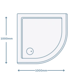 icon image of a 1000mm x 1000mm quadrant shower tray with arrows showing 1000mm in length and width