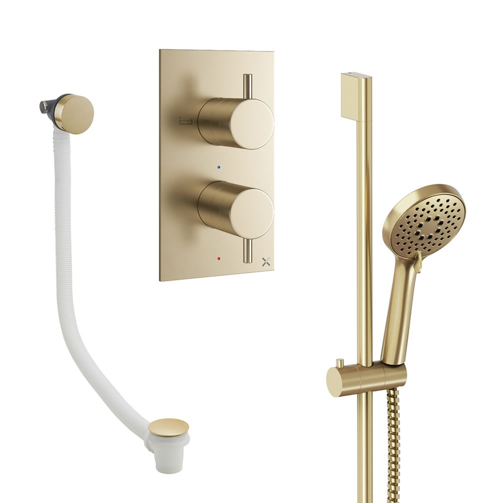 Cutout image of Crosswater Design Brushed Brass Dual Outlet Slide Rail Shower Bath Set
