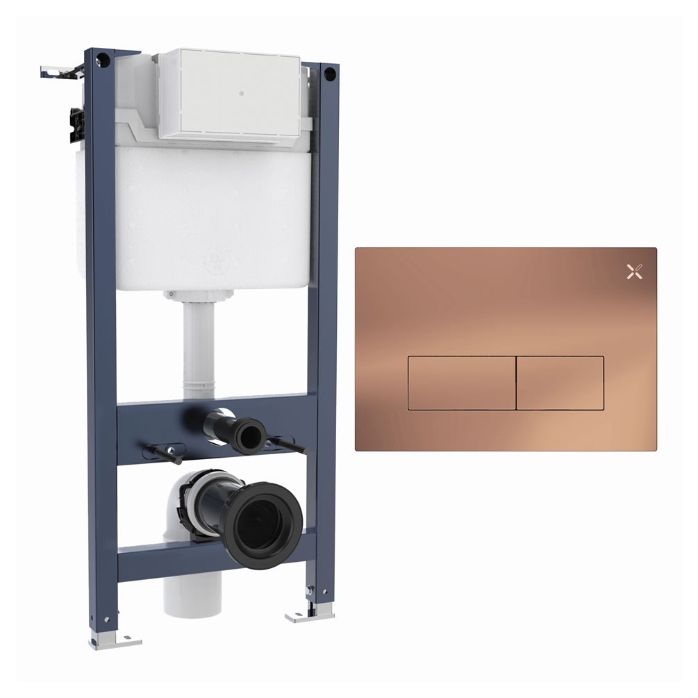 Cutout image of Crosswater 980mm Wall-Hung Cistern Frame & MPRO Brushed Bronze Chrome Dual Flush Plate