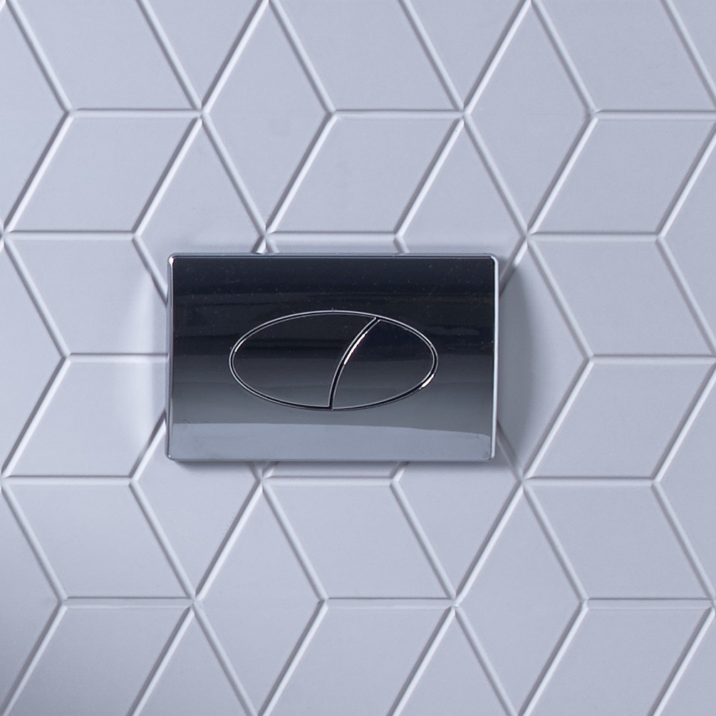 product lifestyle image for Tavistock Chrome Ellipse Dual Flush Plate on white geometric cube pattern tile wall TR9004