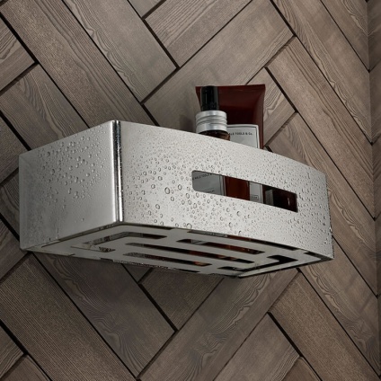 Lifestyle image of Origins Living Gedy Poseidon Rectangular Basket mounted on brown diagonal tiles.