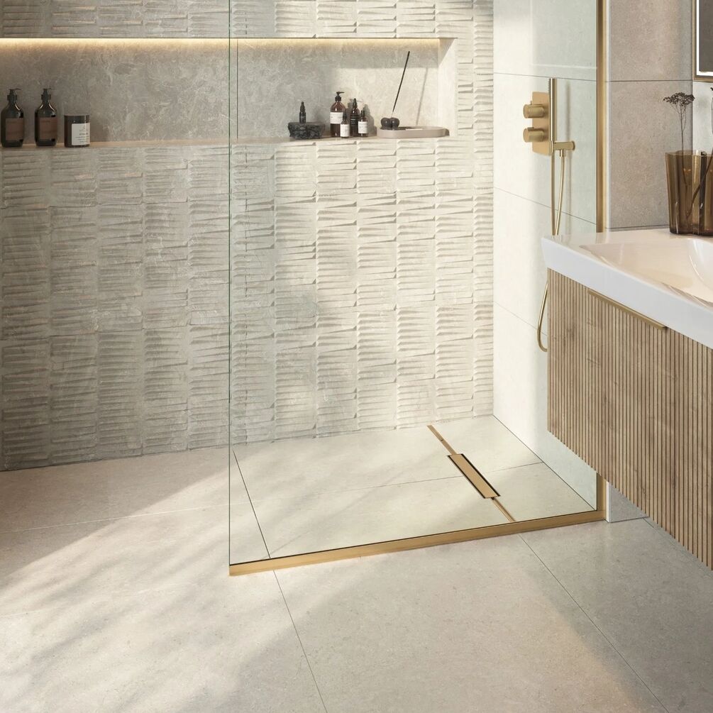 Lifestyle image of the Abacus Elements Linear Uno Brushed Bronze End Drain Wetroom Former Kit