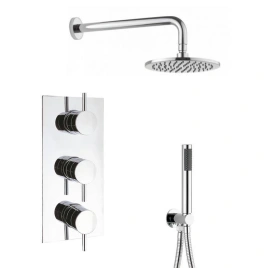 image of a thermostatic shower set with chrome thermostatic shower valve with 3 handles, shower handset and round wall mounted shower head and arm