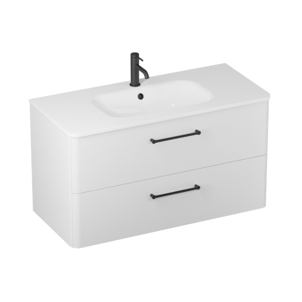 Product cut out image photo of Britton Bathrooms Camberwell 1000mm Frosted White Wall Hung Vanity Unit and Basin with black Handles C100DDW