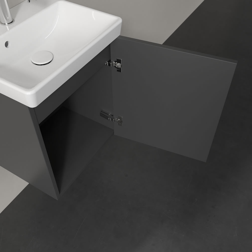 Closeup image of Villeroy & Boch Avento Graphite 450mm Wall-Hung Basin Vanity Unit right sided