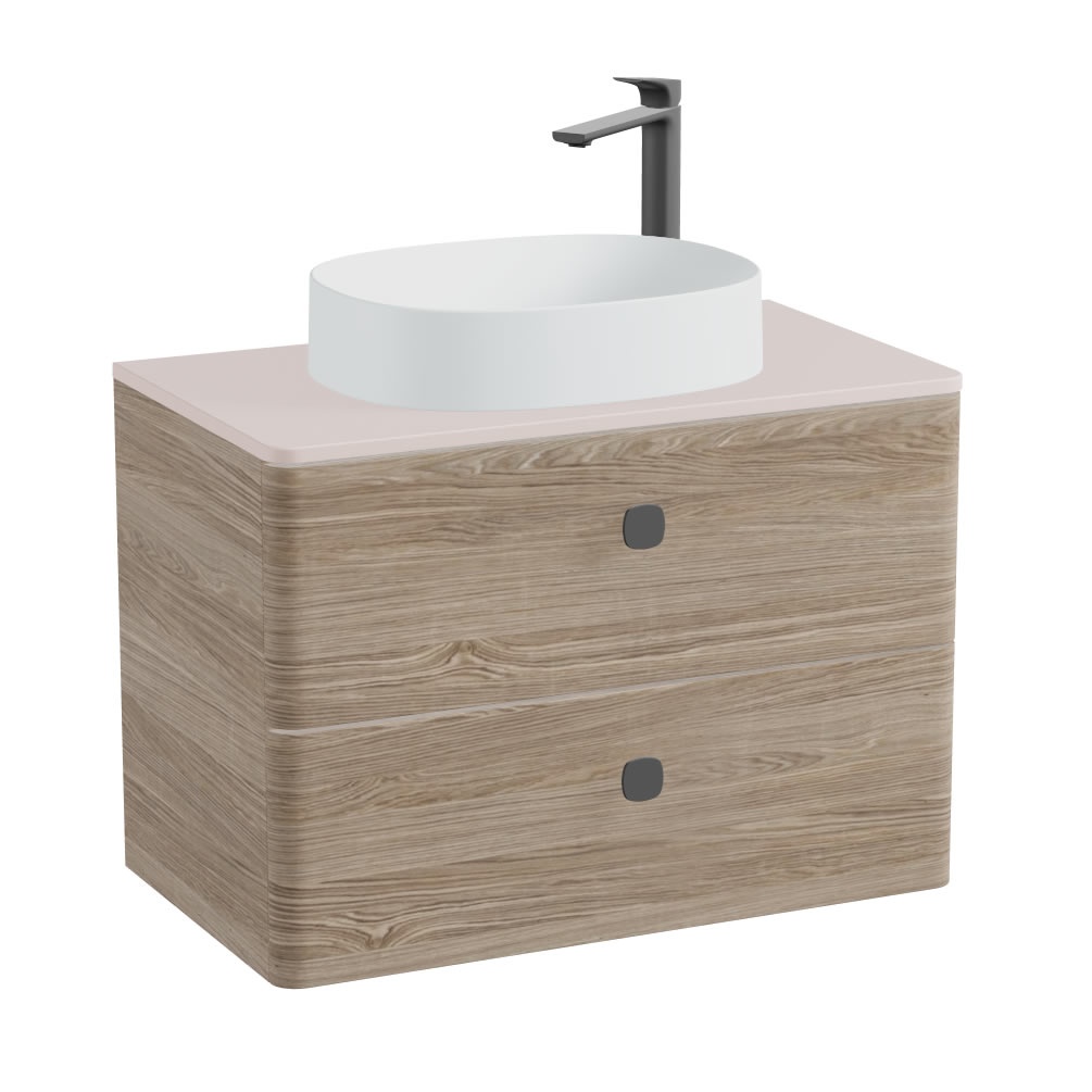 Vado Cameo 800mm Natural Oak Wall Hung 2 Drawer Vanity Unit, Pink Clay Worktop & Arctic Oval Basin