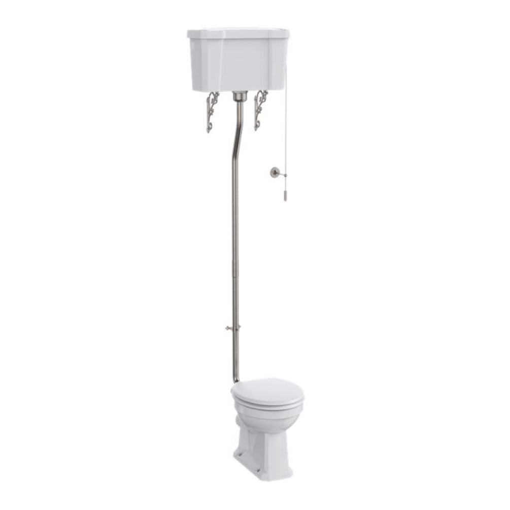Product Cut out image of the Burlington High Level Toilet with a brushed nickel flush pipe