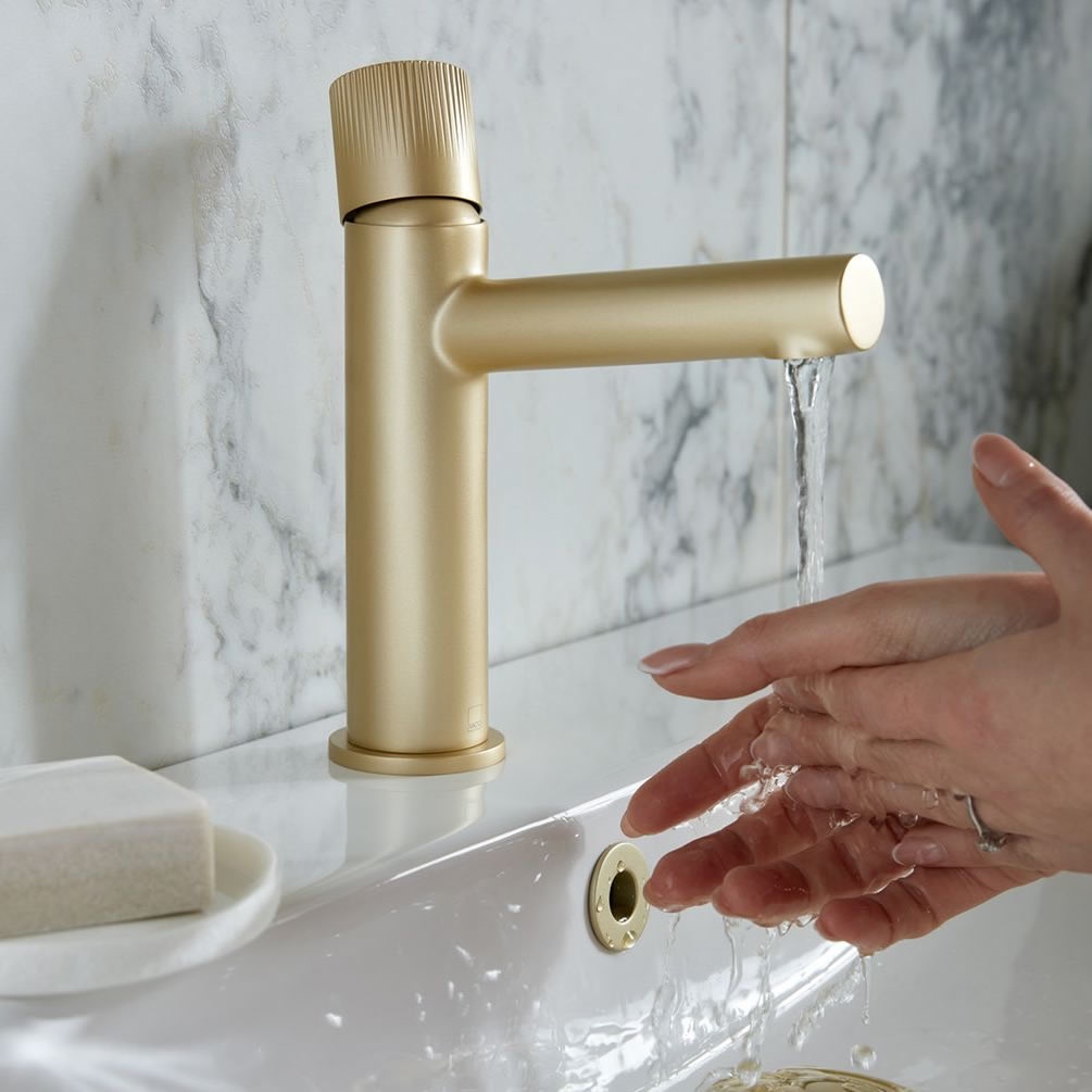 Vado Safari Leverless Fluted Satin Brass Mono Basin Mixer - Lifestyle Image 1