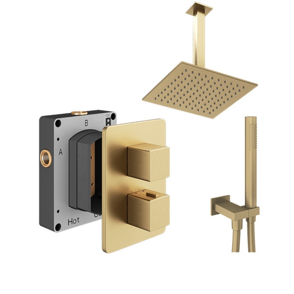 Product cut out image of the Abacus Square Brushed Brass 2 Outlet Shower Pack with Ceiling Head & Handset