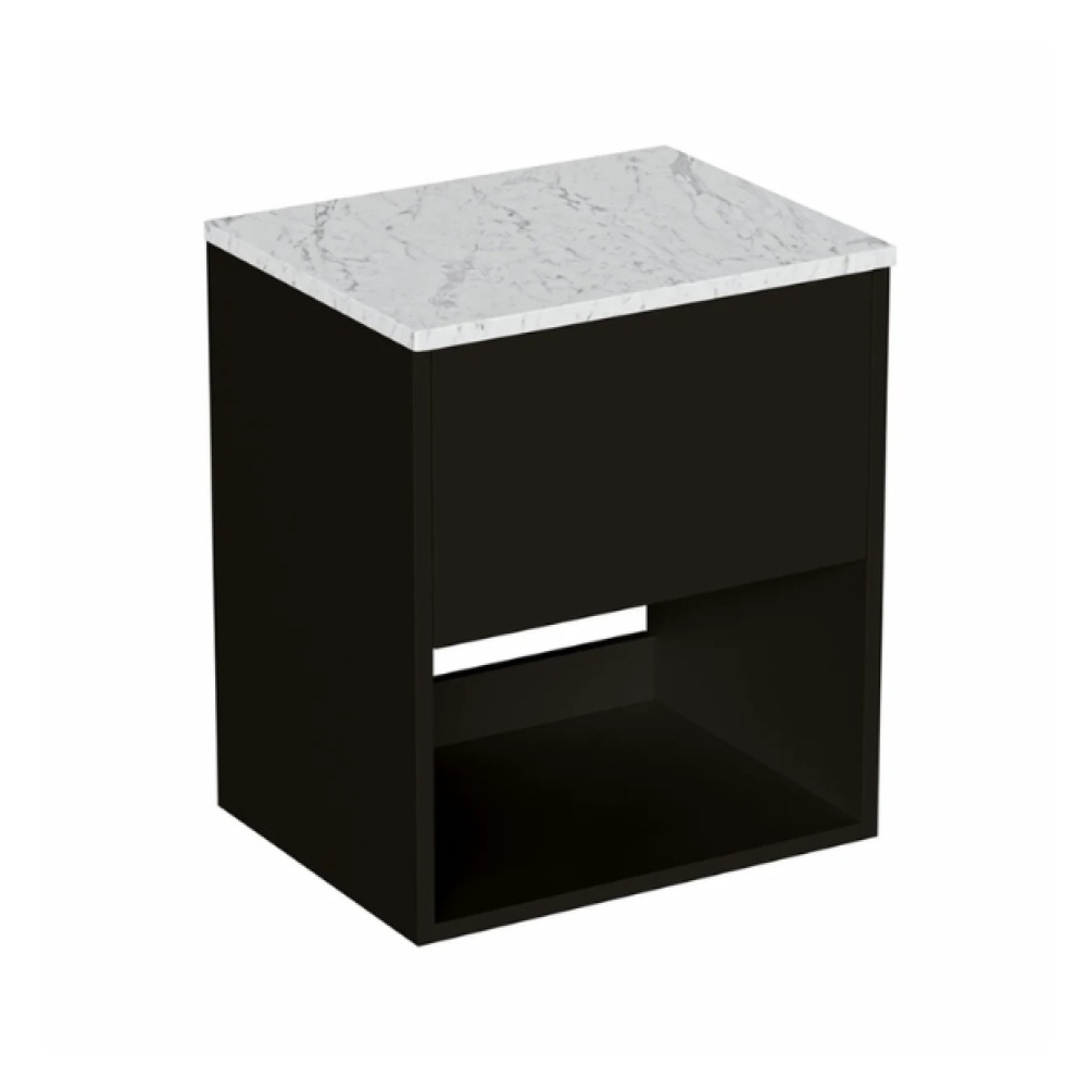 Cut out image of the Britton Hackney Matt Black 500mm Wall Hung Vanity Unit & Carrara Worktop