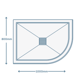 icon image of a 1000mm x 800mm offset quadrant shower tray with arrows showing 1000mm in length and 800mm in width