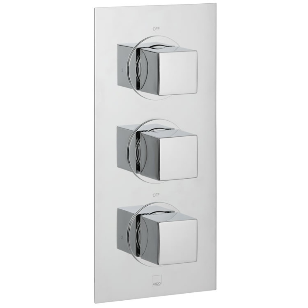 Cutout image of Vado Mix2 Twin Outlet Three Handle Thermostatic Shower Valve.