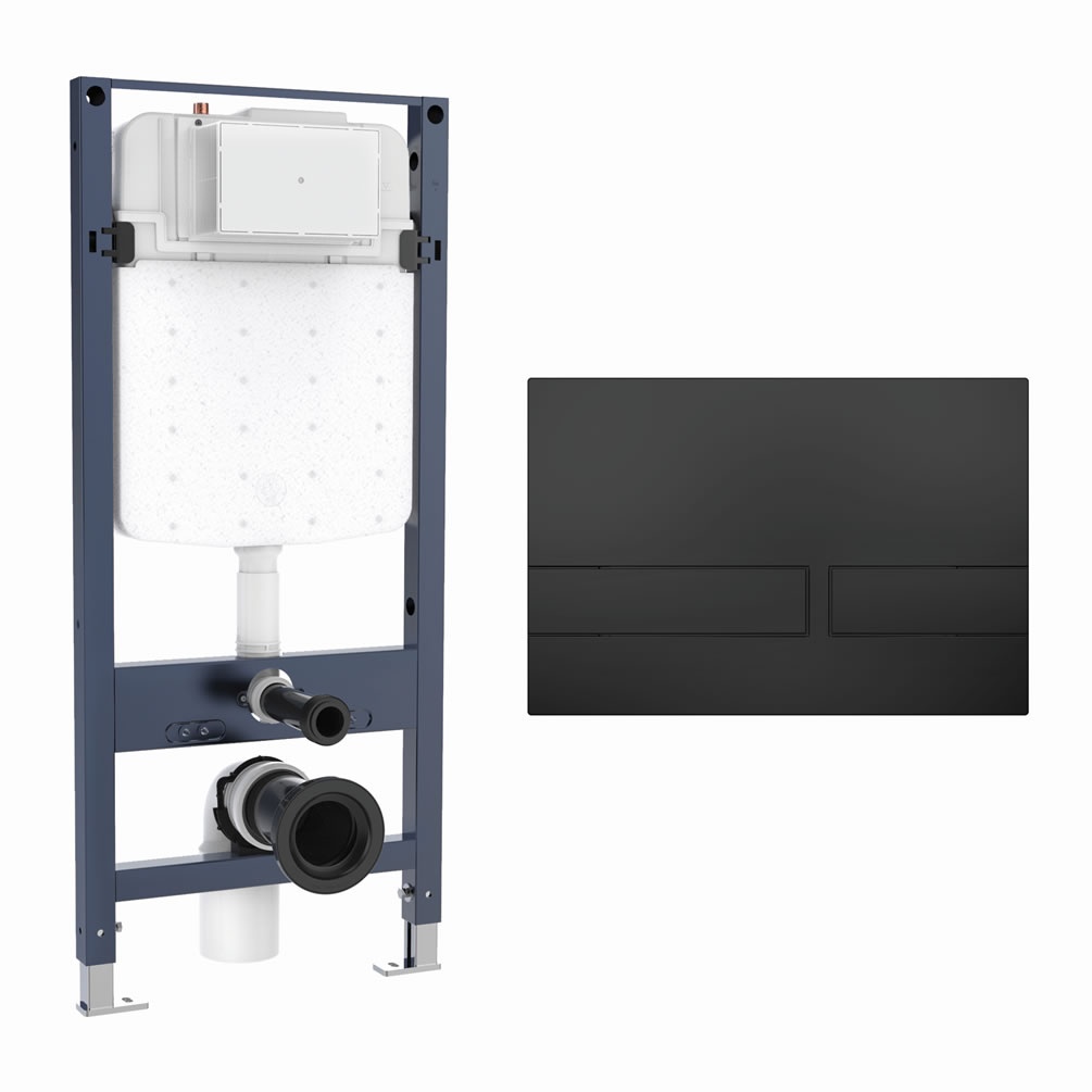 Cutout image of Crosswater 1120mm Slim Wall-Hung Cistern Frame & Venue Matt Black Dual Flush Plate
