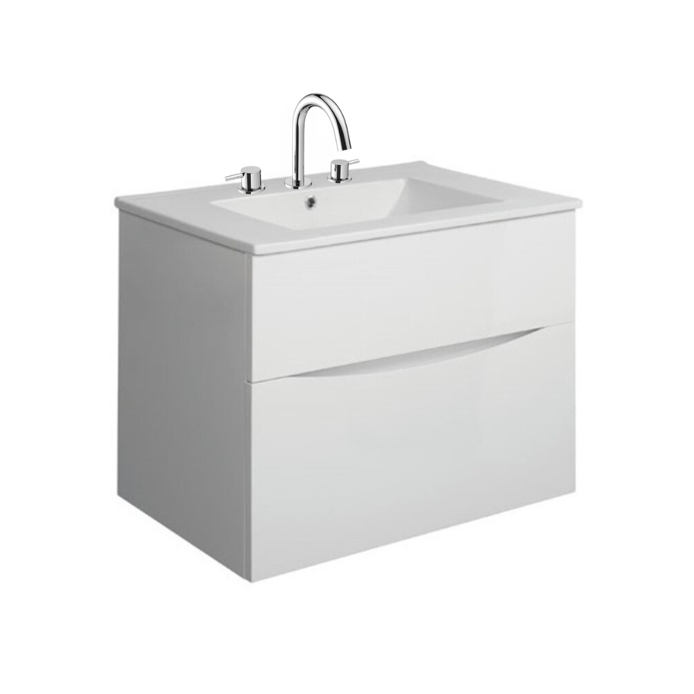 Product Cut out image of the Crosswater Glide II White Gloss 700mm Double Drawer Unit with Ceramic 3 Tap Hole Basin