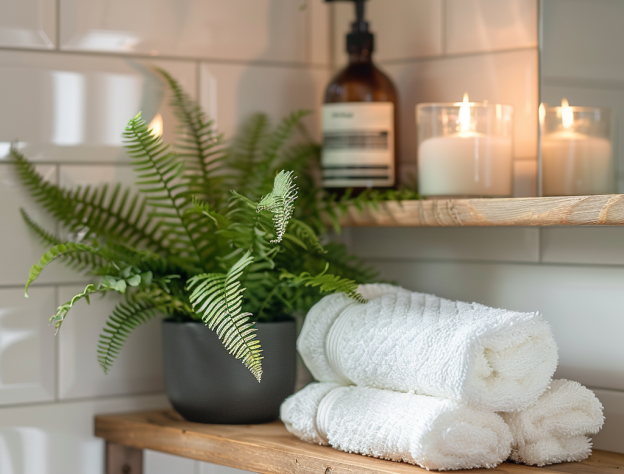 A lifestyle image of rolled towels, plant, candles and soap bottle on a bathroom shelf
