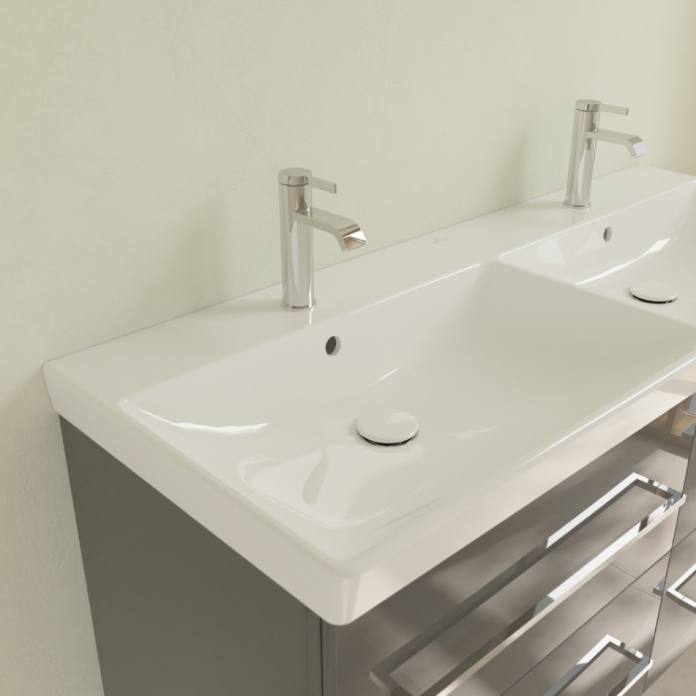 Close up photo Villeroy and Boch 1200 Avento Vanity Double Washbasin mounted on grey vanity unit