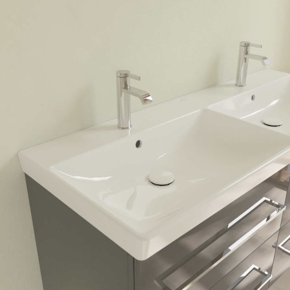 Close up photo Villeroy and Boch 1200 Avento Vanity Double Washbasin mounted on grey vanity unit
