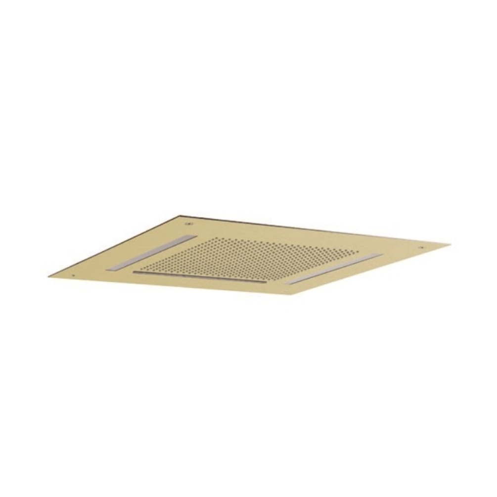 Product Cut out image of the Crosswater Tranquil 500 Chromotherapy Brushed Brass Recessed Shower Head from a low angle