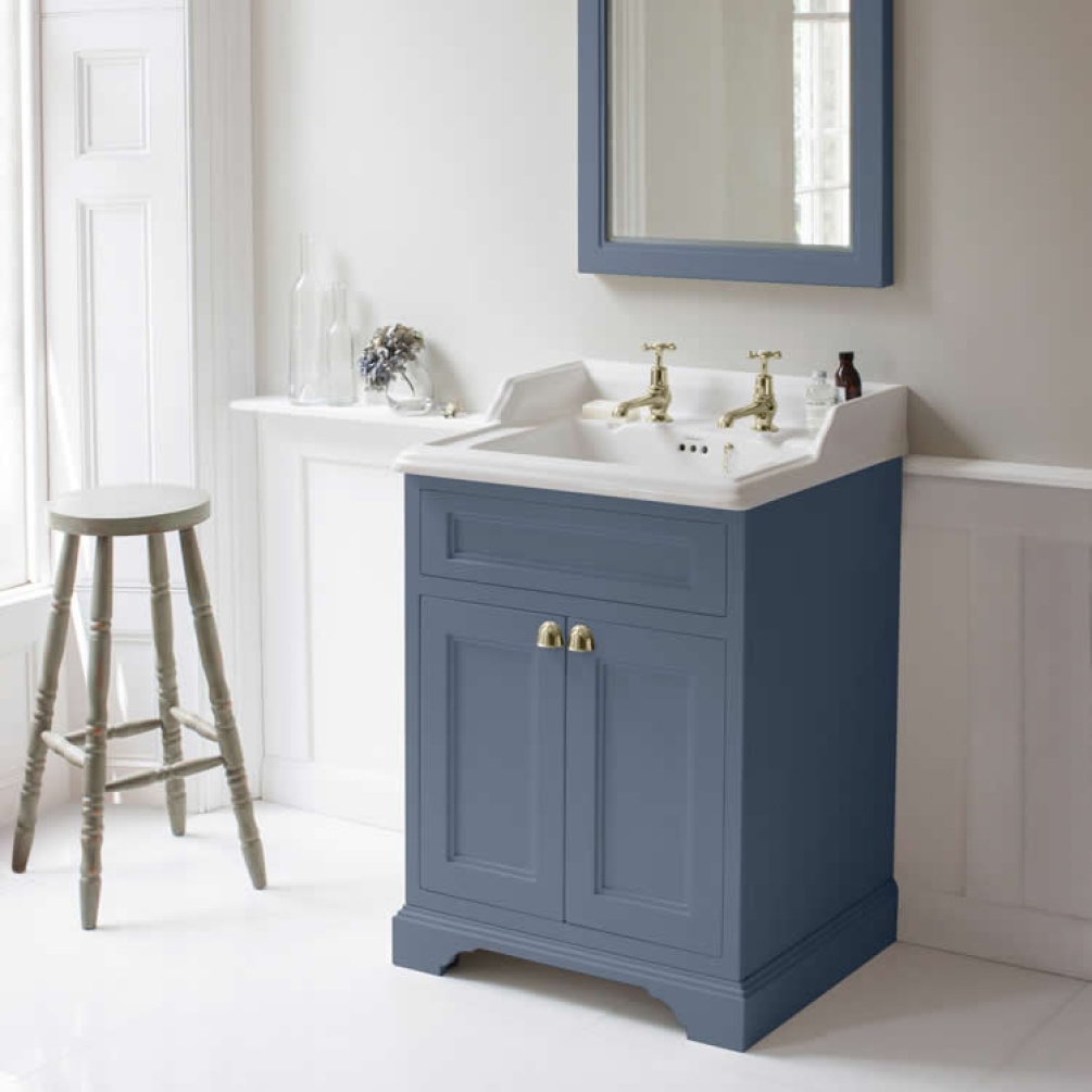Product Lifestyle image of the Burlington Classic 650mm Basin & Blue Freestanding Vanity Unit with Doors in a room with white walls