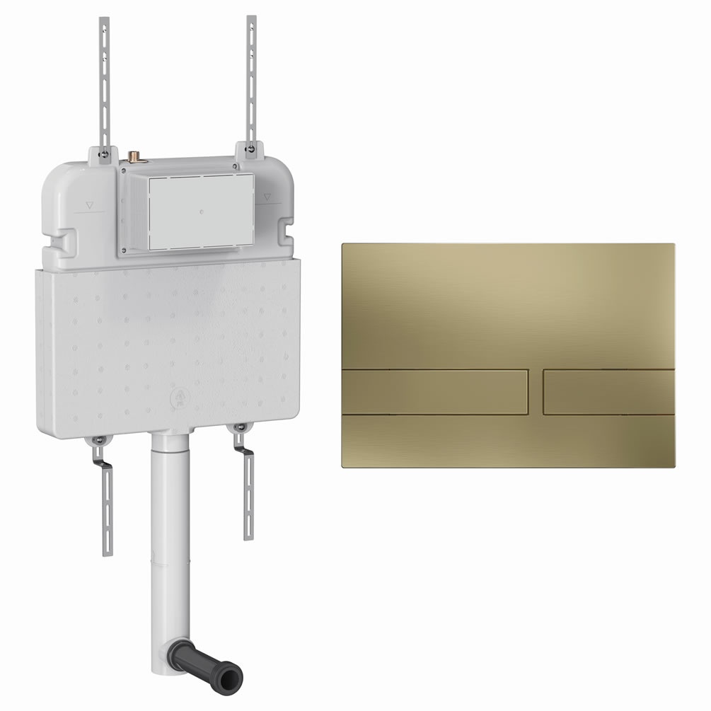 Cutout image of Crosswater 530mm Concealed Back-to-Wall Cistern & Venue Brushed Brass Dual Flush Plate
