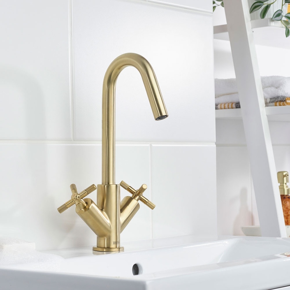 Lifestyle image of the Bristan Cruzar Brushed Brass Tall Basin Mixer Tap & Click-Clack Waste