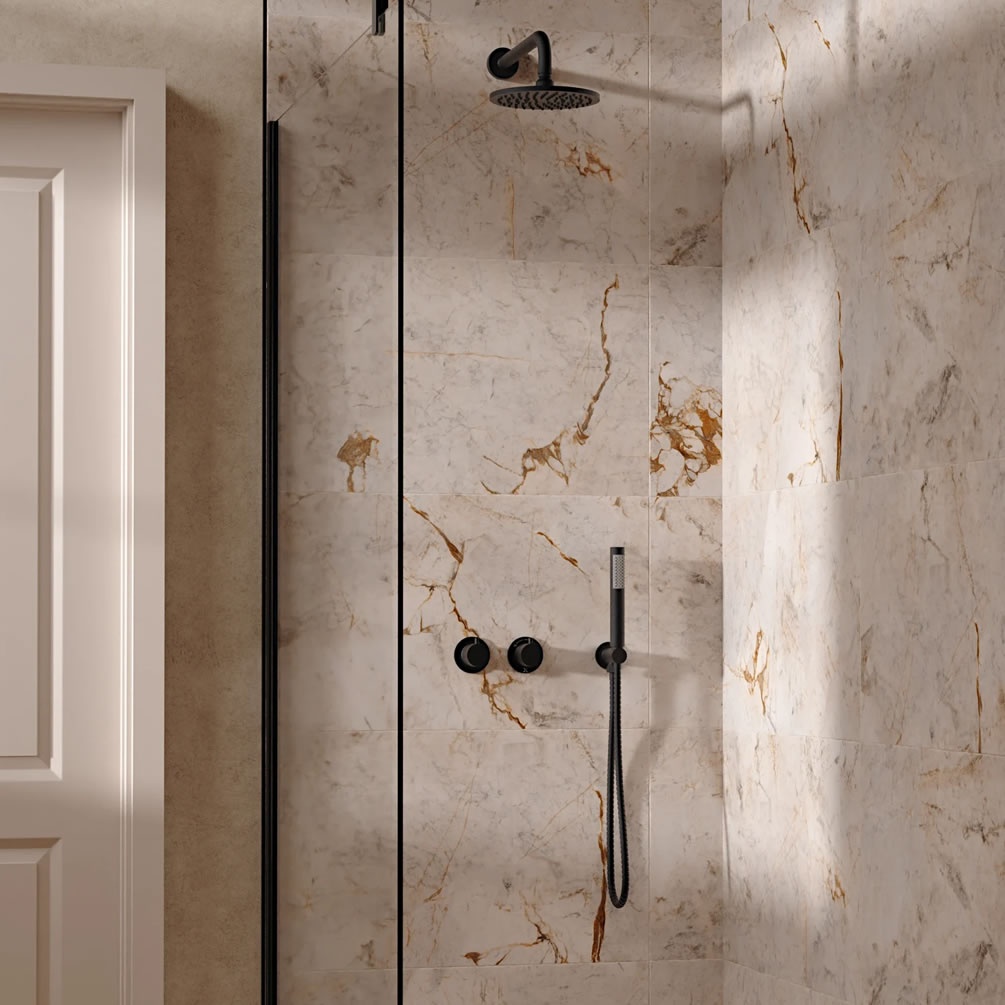 Lifestyle image of Crosswate Module Matt Black Dual Outlet Rainfall Shower Set