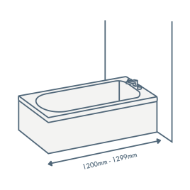 iconography image of a bathtub with 1200mm-1299mm text illustrating this length bath