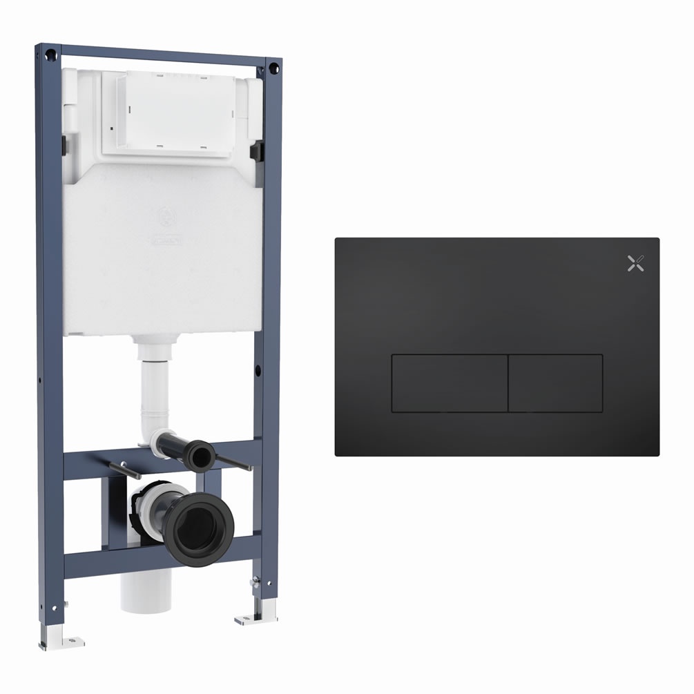 Cutout image of Crosswater 1120mm Wall-Hung Cistern Frame & MPRO Stainless Steel Matt Black Dual Flush Plate