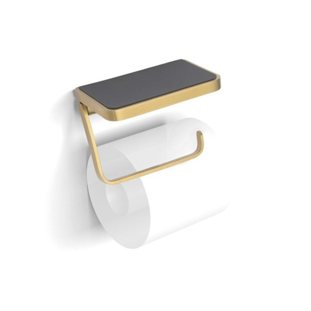 Product Cut out image of the HIB Atto Brushed Brass Toilet Roll Holder with Shelf