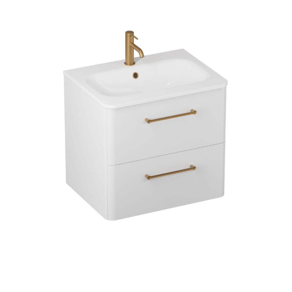 Product cut out image photo of Britton Bathrooms Camberwell 600mm Frosted White Wall Hung Vanity Unit and Basin with brass Handles C60DDW