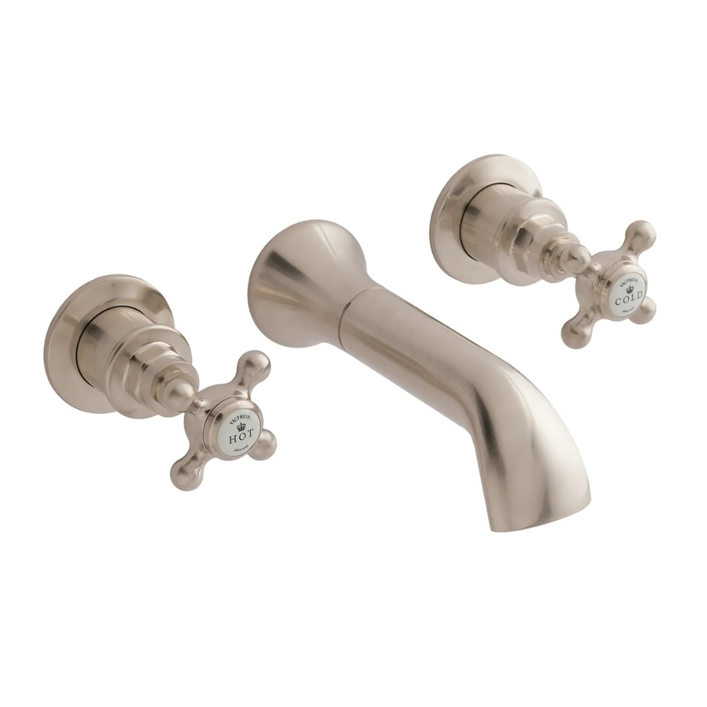 BC Designs Victrion Crosshead Brushed Nickel 3 Hole Wall Mounted Bath Filler Cut Out
