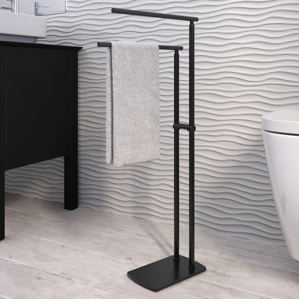 Lifestyle image of Origins Living Gedy Florida Towel Stand black in modern bathroom.