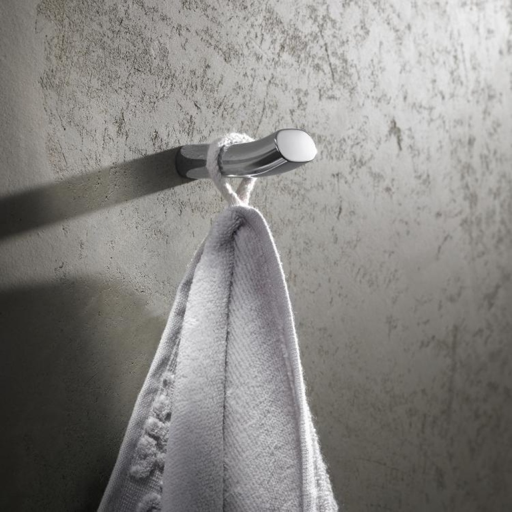 Product Lifestyle image of Keuco Edition 400 Chrome Towel Hook 11514 010000 with a towel